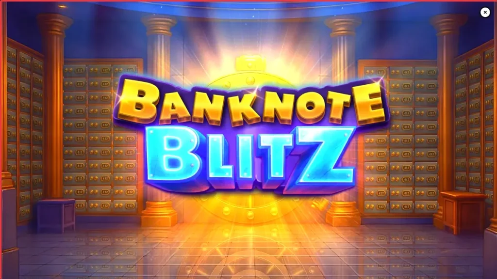 Tampilan visual slot Banknote Blitz dengan tema brankas bank mewah dan simbol uang kertas.