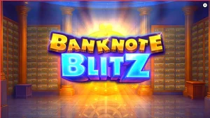 Tampilan visual slot Banknote Blitz dengan tema brankas bank mewah dan simbol uang kertas.