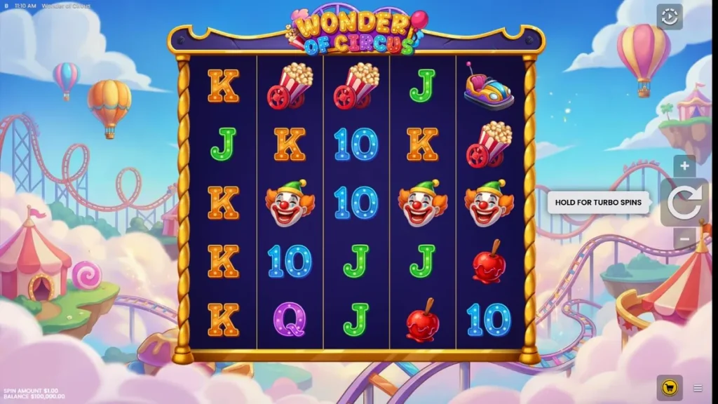 Suasana neon dan tenda besar dalam permainan slot Wonder of Circus